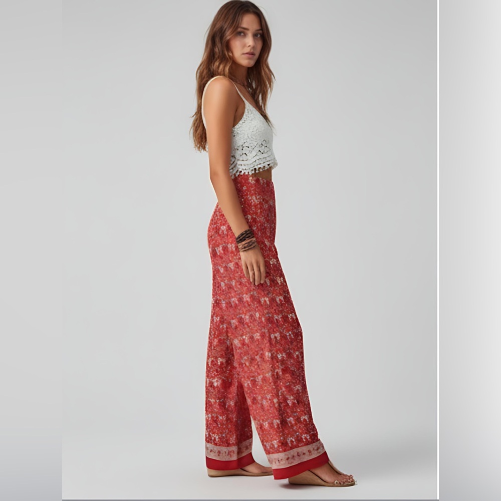 Red Boho Print Wide Leg Pants* - Picture 2 of 6